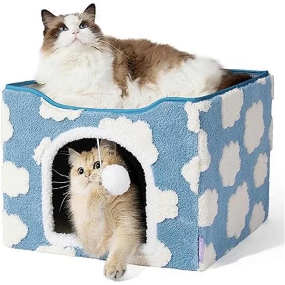 Cat Bed Indoor Cat House Large Cat Cave Foldable Kitten Hideaway with Hanging Ba